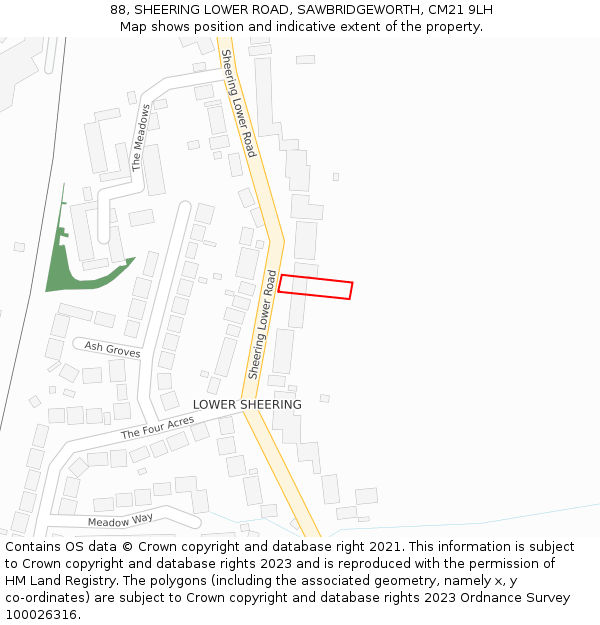 88, SHEERING LOWER ROAD, SAWBRIDGEWORTH, CM21 9LH: Location map and indicative extent of plot