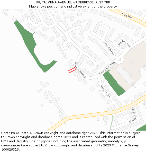 88, TALMENA AVENUE, WADEBRIDGE, PL27 7RR: Location map and indicative extent of plot