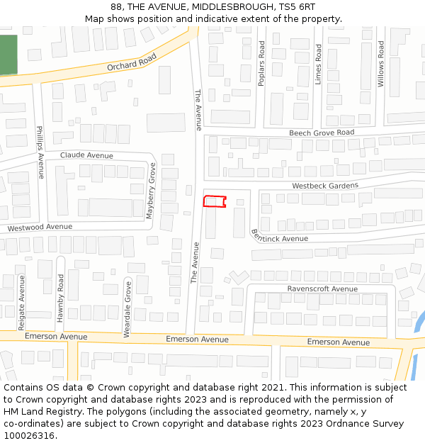 88, THE AVENUE, MIDDLESBROUGH, TS5 6RT: Location map and indicative extent of plot