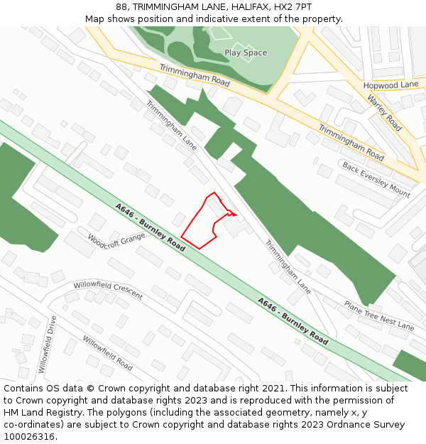 88, TRIMMINGHAM LANE, HALIFAX, HX2 7PT: Location map and indicative extent of plot