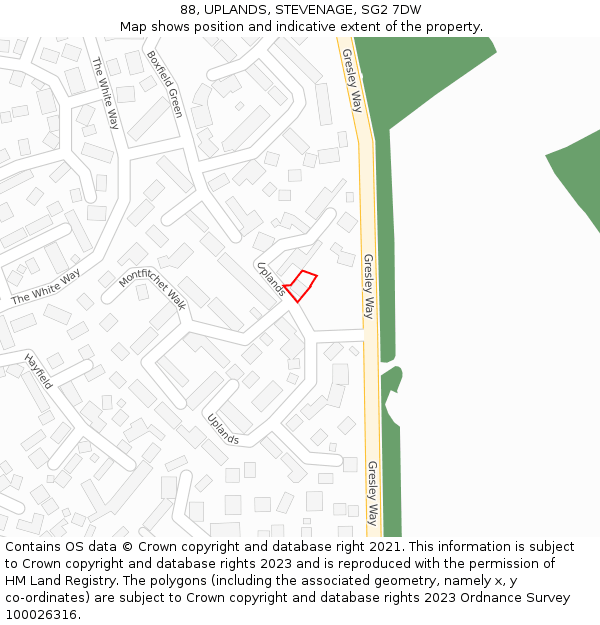 88, UPLANDS, STEVENAGE, SG2 7DW: Location map and indicative extent of plot