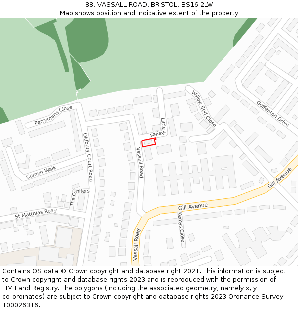 88, VASSALL ROAD, BRISTOL, BS16 2LW: Location map and indicative extent of plot