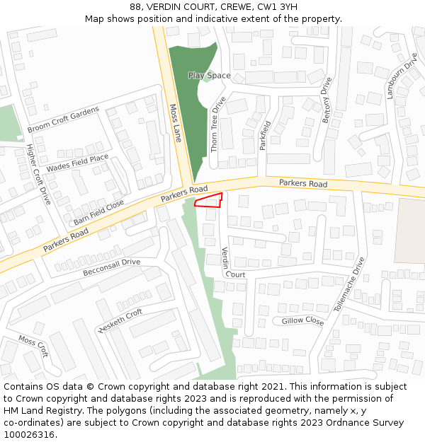 88, VERDIN COURT, CREWE, CW1 3YH: Location map and indicative extent of plot