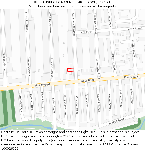 88, WANSBECK GARDENS, HARTLEPOOL, TS26 9JH: Location map and indicative extent of plot