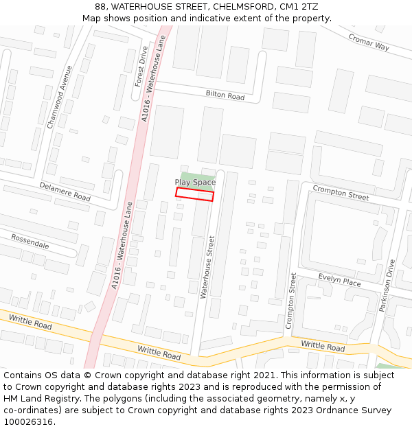 88, WATERHOUSE STREET, CHELMSFORD, CM1 2TZ: Location map and indicative extent of plot