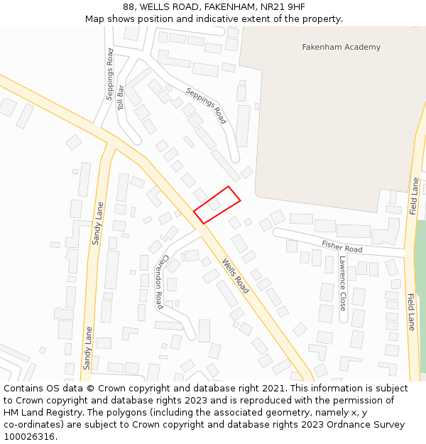 88, WELLS ROAD, FAKENHAM, NR21 9HF: Location map and indicative extent of plot
