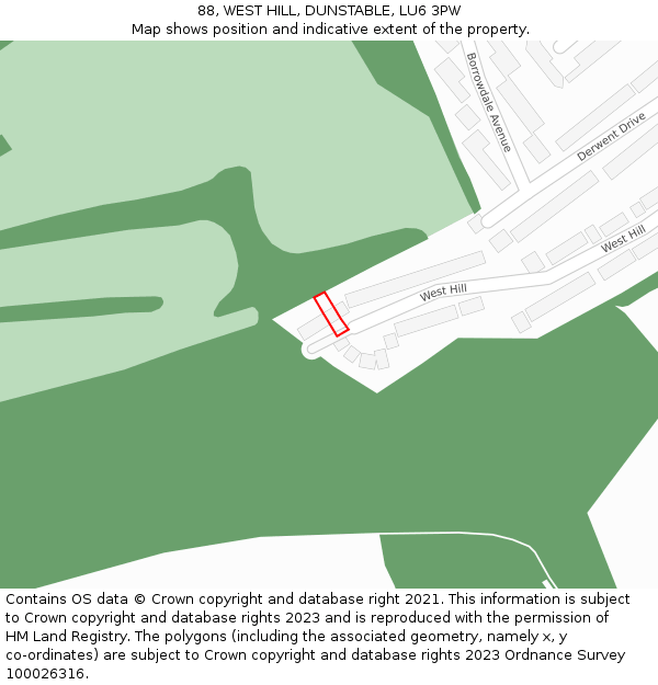 88, WEST HILL, DUNSTABLE, LU6 3PW: Location map and indicative extent of plot