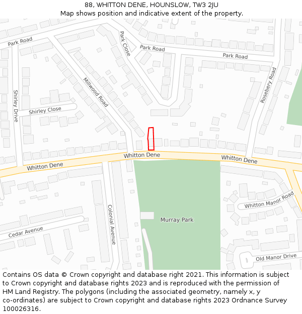 88, WHITTON DENE, HOUNSLOW, TW3 2JU: Location map and indicative extent of plot