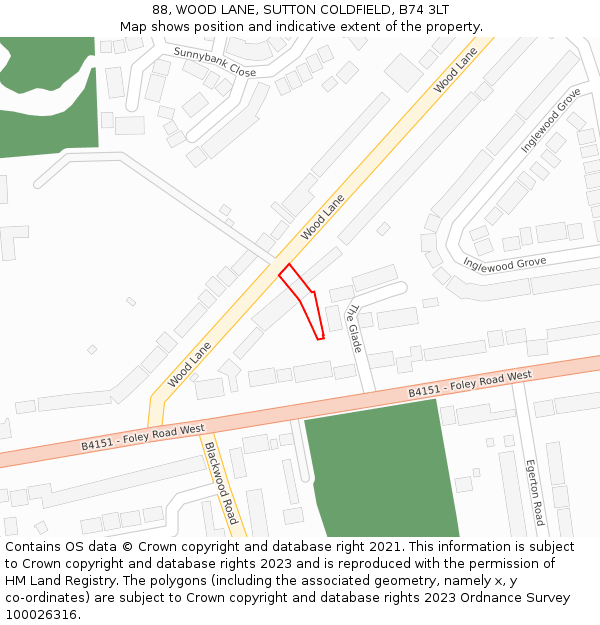 88, WOOD LANE, SUTTON COLDFIELD, B74 3LT: Location map and indicative extent of plot