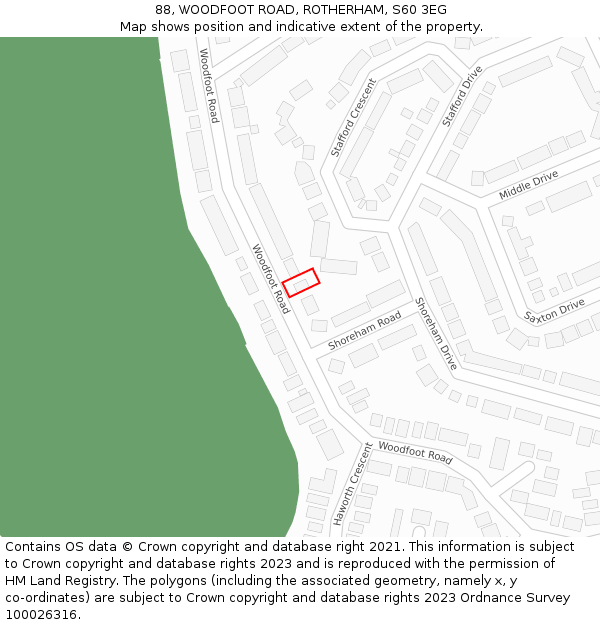 88, WOODFOOT ROAD, ROTHERHAM, S60 3EG: Location map and indicative extent of plot