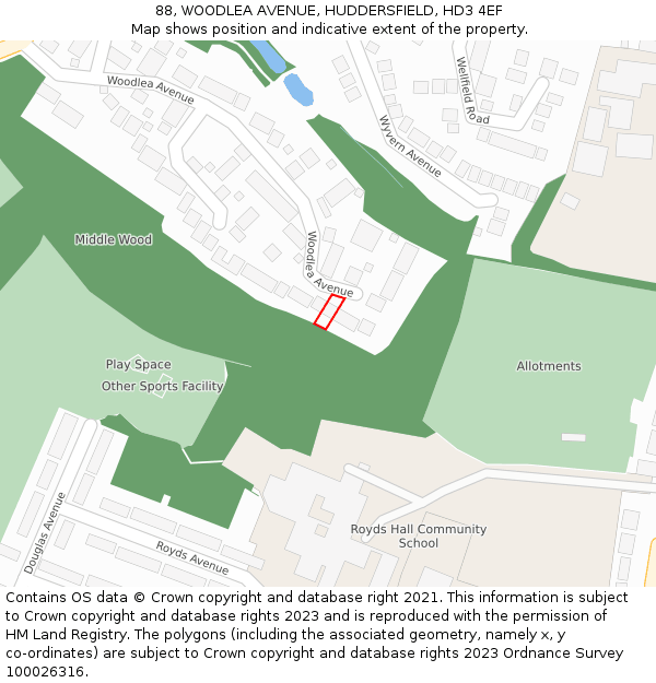 88, WOODLEA AVENUE, HUDDERSFIELD, HD3 4EF: Location map and indicative extent of plot