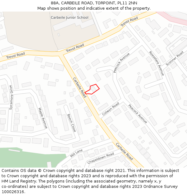 88A, CARBEILE ROAD, TORPOINT, PL11 2NN: Location map and indicative extent of plot