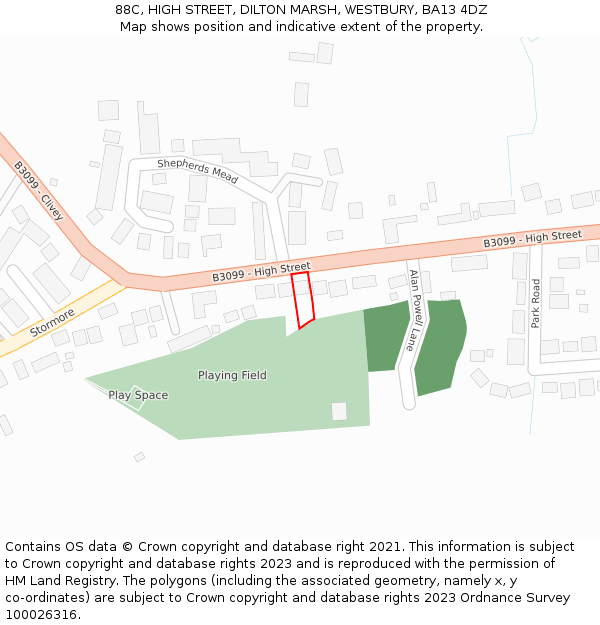 88C, HIGH STREET, DILTON MARSH, WESTBURY, BA13 4DZ: Location map and indicative extent of plot