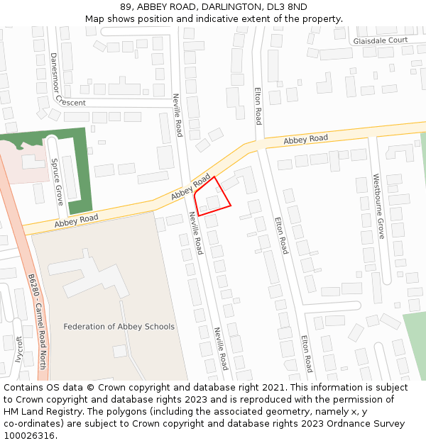 89, ABBEY ROAD, DARLINGTON, DL3 8ND: Location map and indicative extent of plot