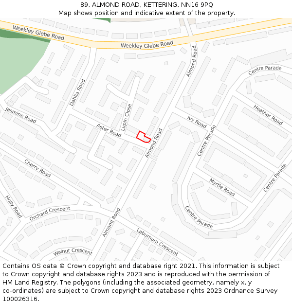 89, ALMOND ROAD, KETTERING, NN16 9PQ: Location map and indicative extent of plot