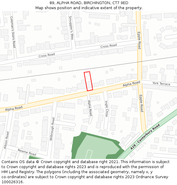 89, ALPHA ROAD, BIRCHINGTON, CT7 9ED: Location map and indicative extent of plot