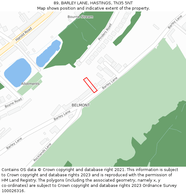 89, BARLEY LANE, HASTINGS, TN35 5NT: Location map and indicative extent of plot