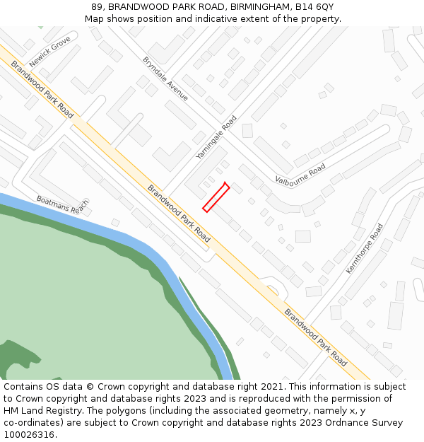 89, BRANDWOOD PARK ROAD, BIRMINGHAM, B14 6QY: Location map and indicative extent of plot