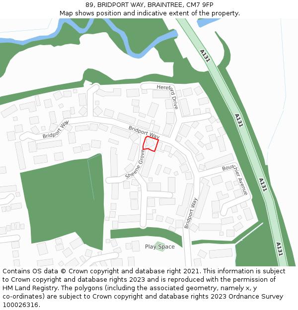 89, BRIDPORT WAY, BRAINTREE, CM7 9FP: Location map and indicative extent of plot