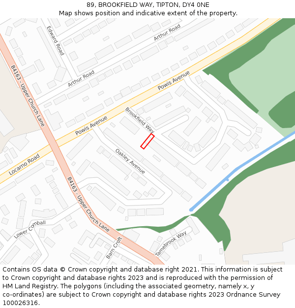 89, BROOKFIELD WAY, TIPTON, DY4 0NE: Location map and indicative extent of plot