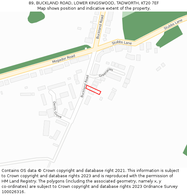 89, BUCKLAND ROAD, LOWER KINGSWOOD, TADWORTH, KT20 7EF: Location map and indicative extent of plot