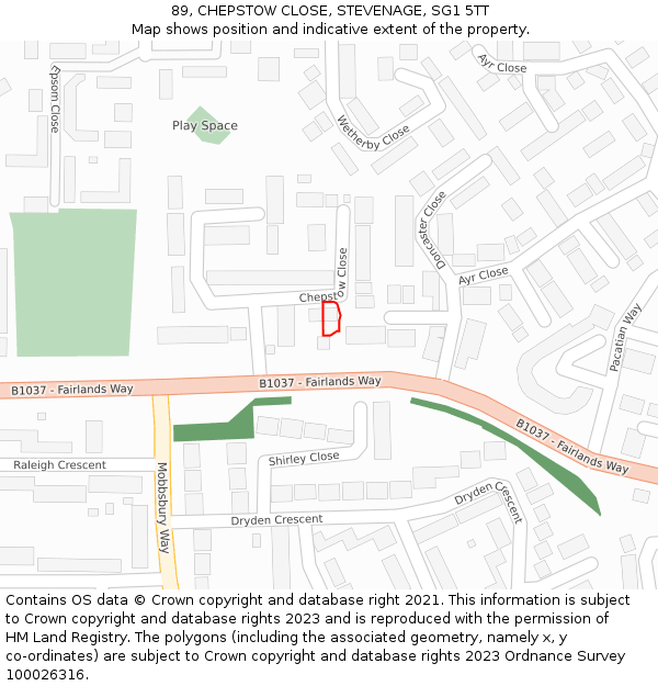 89, CHEPSTOW CLOSE, STEVENAGE, SG1 5TT: Location map and indicative extent of plot