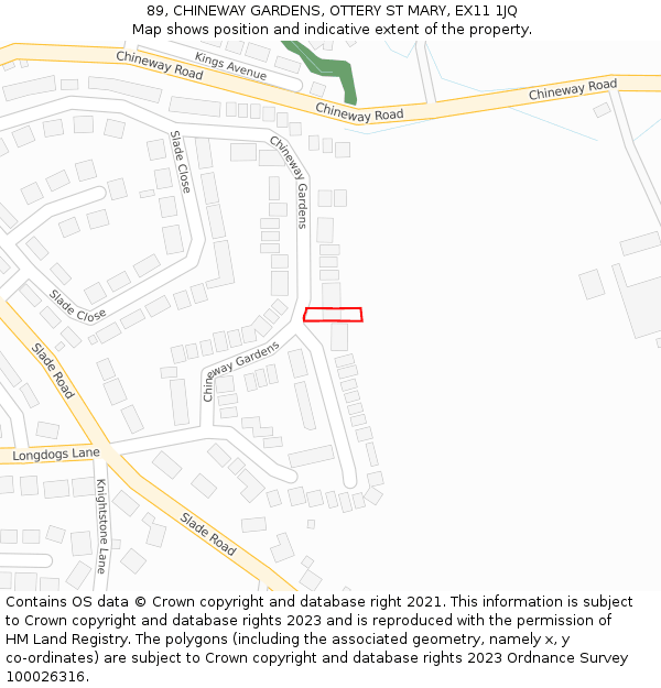 89, CHINEWAY GARDENS, OTTERY ST MARY, EX11 1JQ: Location map and indicative extent of plot