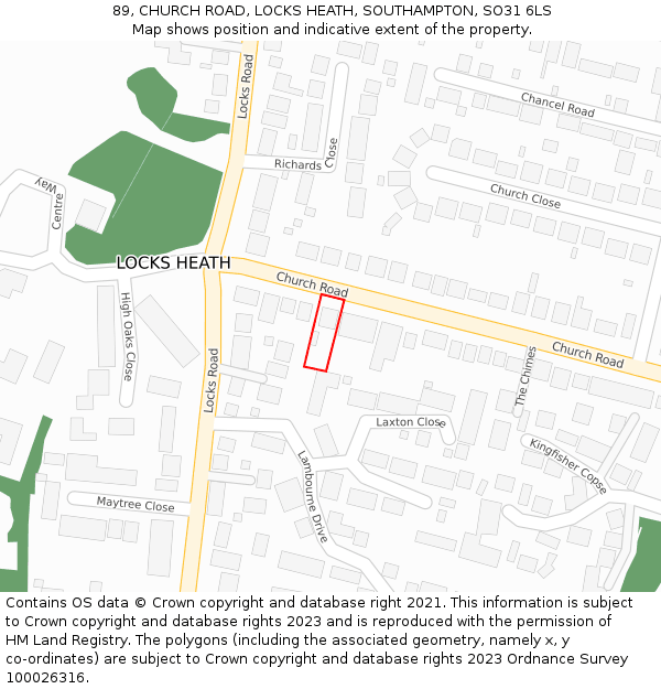 89, CHURCH ROAD, LOCKS HEATH, SOUTHAMPTON, SO31 6LS: Location map and indicative extent of plot