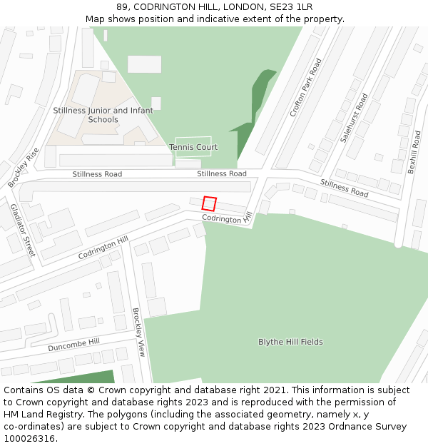 89, CODRINGTON HILL, LONDON, SE23 1LR: Location map and indicative extent of plot