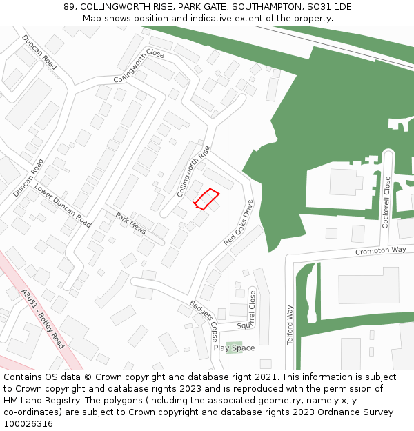 89, COLLINGWORTH RISE, PARK GATE, SOUTHAMPTON, SO31 1DE: Location map and indicative extent of plot