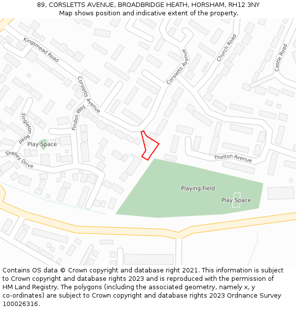 89, CORSLETTS AVENUE, BROADBRIDGE HEATH, HORSHAM, RH12 3NY: Location map and indicative extent of plot