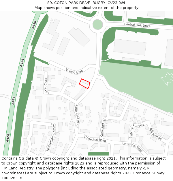 89, COTON PARK DRIVE, RUGBY, CV23 0WL: Location map and indicative extent of plot