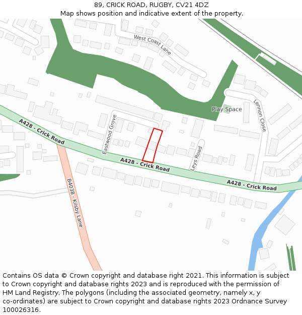 89, CRICK ROAD, RUGBY, CV21 4DZ: Location map and indicative extent of plot