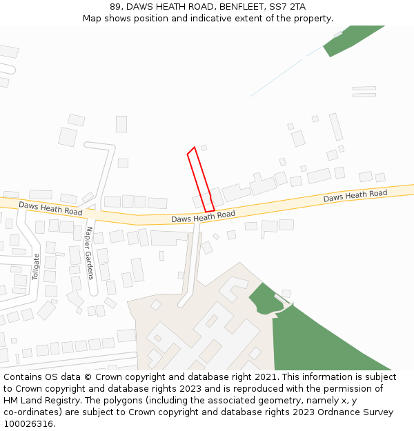 89, DAWS HEATH ROAD, BENFLEET, SS7 2TA: Location map and indicative extent of plot