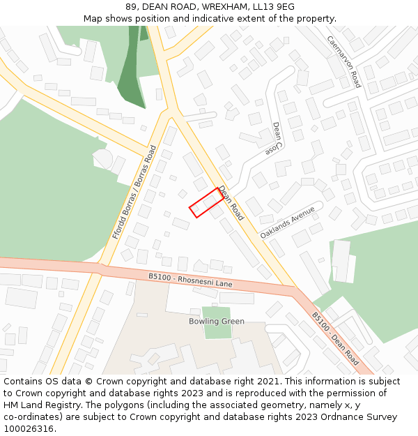 89, DEAN ROAD, WREXHAM, LL13 9EG: Location map and indicative extent of plot