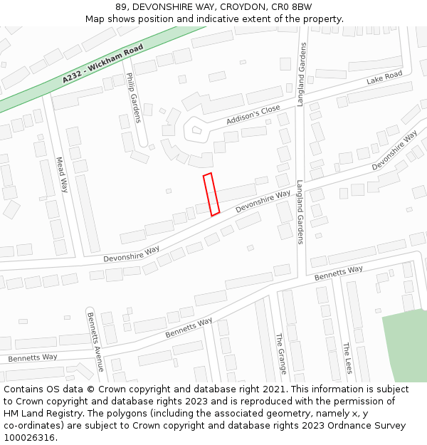 89, DEVONSHIRE WAY, CROYDON, CR0 8BW: Location map and indicative extent of plot