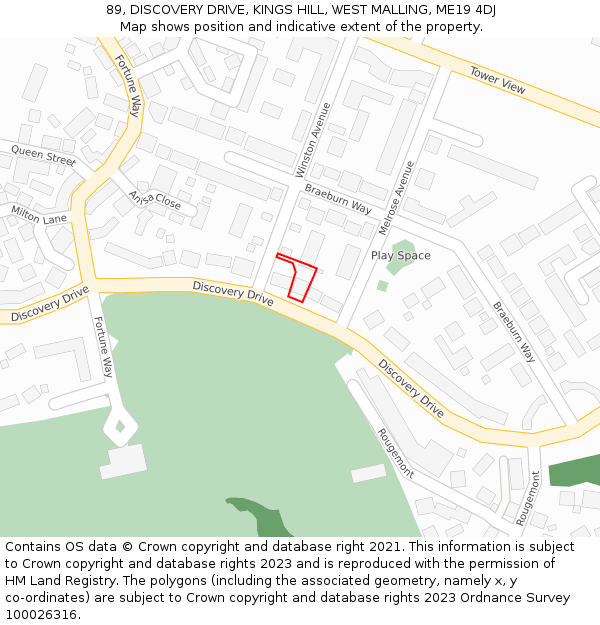 89, DISCOVERY DRIVE, KINGS HILL, WEST MALLING, ME19 4DJ: Location map and indicative extent of plot