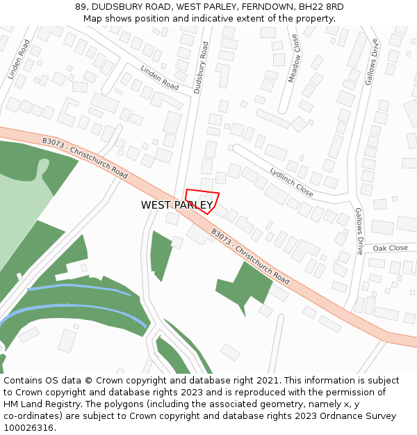 89, DUDSBURY ROAD, WEST PARLEY, FERNDOWN, BH22 8RD: Location map and indicative extent of plot