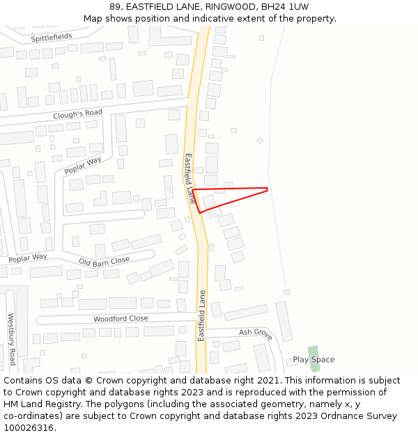 89, EASTFIELD LANE, RINGWOOD, BH24 1UW: Location map and indicative extent of plot