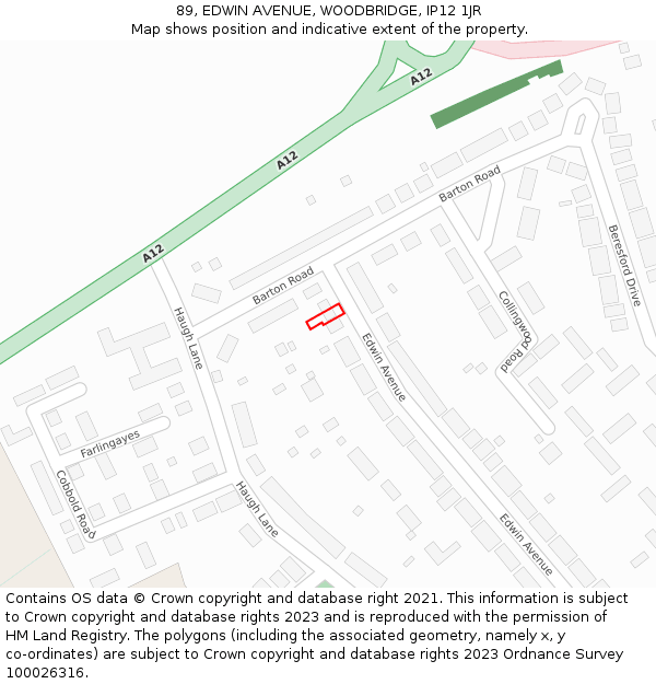 89, EDWIN AVENUE, WOODBRIDGE, IP12 1JR: Location map and indicative extent of plot