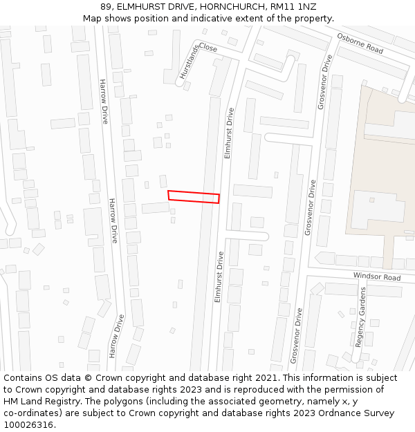 89, ELMHURST DRIVE, HORNCHURCH, RM11 1NZ: Location map and indicative extent of plot