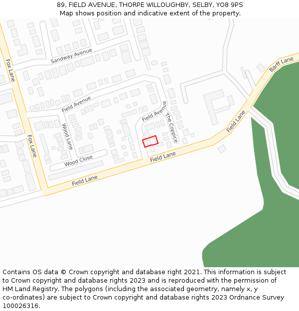 89, FIELD AVENUE, THORPE WILLOUGHBY, SELBY, YO8 9PS: Location map and indicative extent of plot