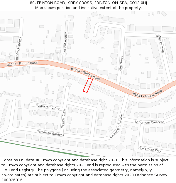 89, FRINTON ROAD, KIRBY CROSS, FRINTON-ON-SEA, CO13 0HJ: Location map and indicative extent of plot