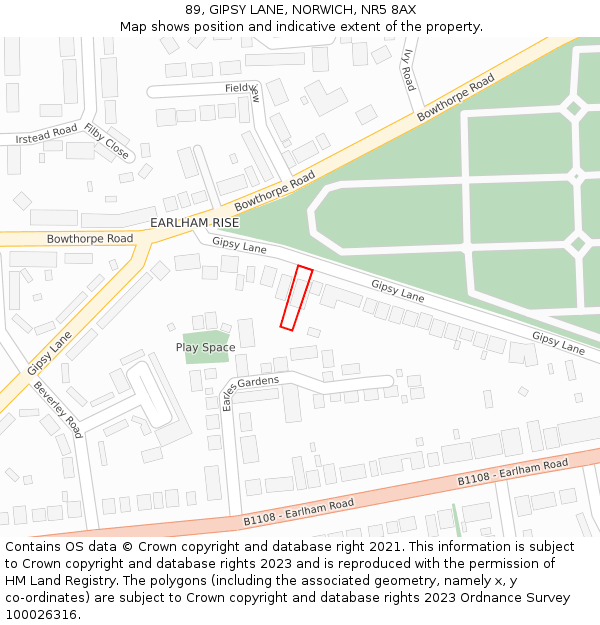 89, GIPSY LANE, NORWICH, NR5 8AX: Location map and indicative extent of plot