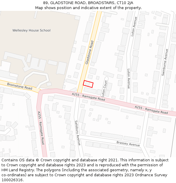 89, GLADSTONE ROAD, BROADSTAIRS, CT10 2JA: Location map and indicative extent of plot