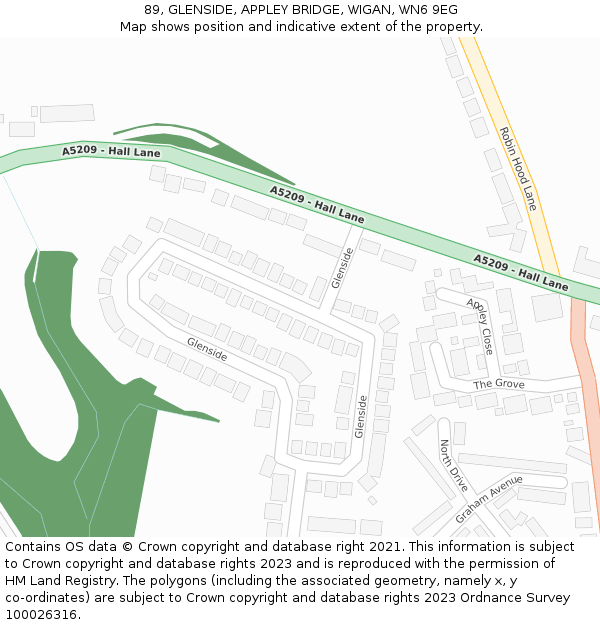 89, GLENSIDE, APPLEY BRIDGE, WIGAN, WN6 9EG: Location map and indicative extent of plot