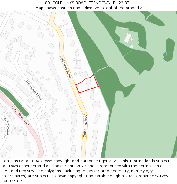 89, GOLF LINKS ROAD, FERNDOWN, BH22 8BU: Location map and indicative extent of plot