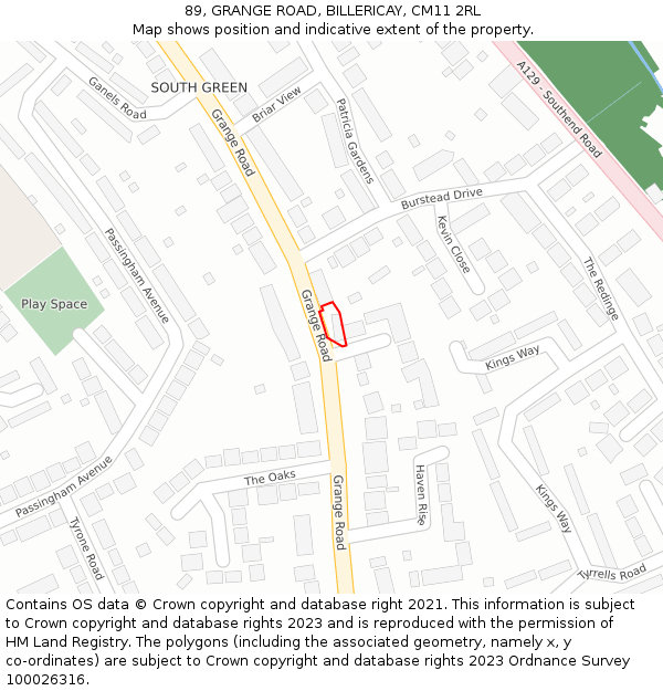 89, GRANGE ROAD, BILLERICAY, CM11 2RL: Location map and indicative extent of plot