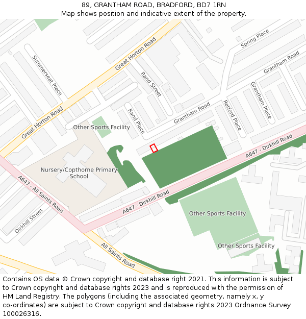 89, GRANTHAM ROAD, BRADFORD, BD7 1RN: Location map and indicative extent of plot