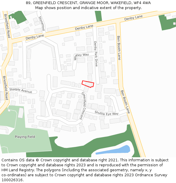 89, GREENFIELD CRESCENT, GRANGE MOOR, WAKEFIELD, WF4 4WA: Location map and indicative extent of plot